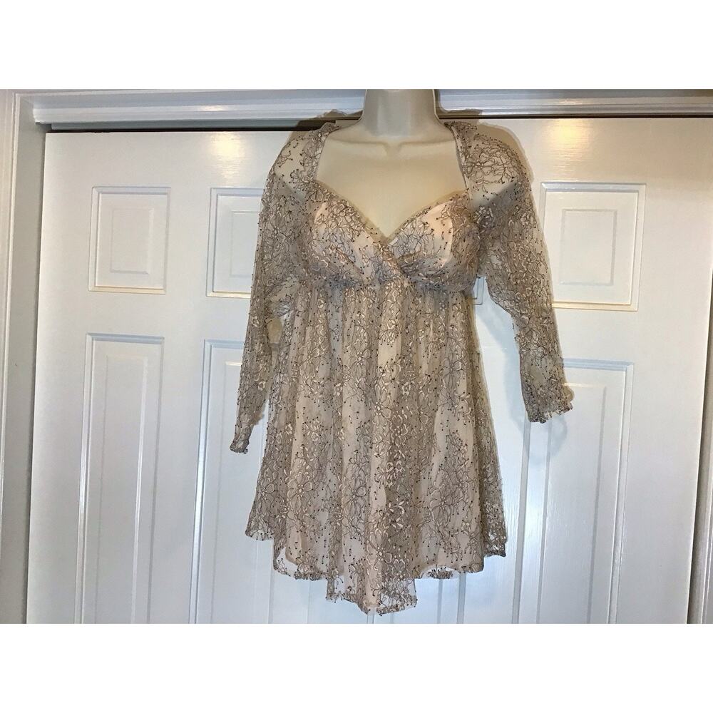 Free People Heavenly Lace Babydoll Tunic Mini Dress SzL Ethereal Dainty Coquette - Picture 3 of 12